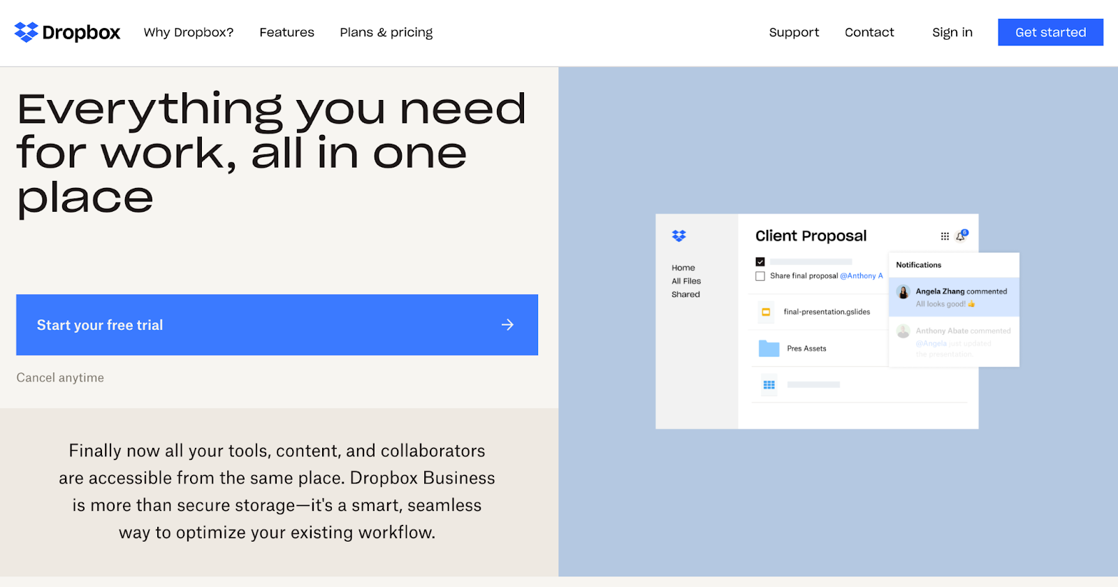 Dropbox website homepage