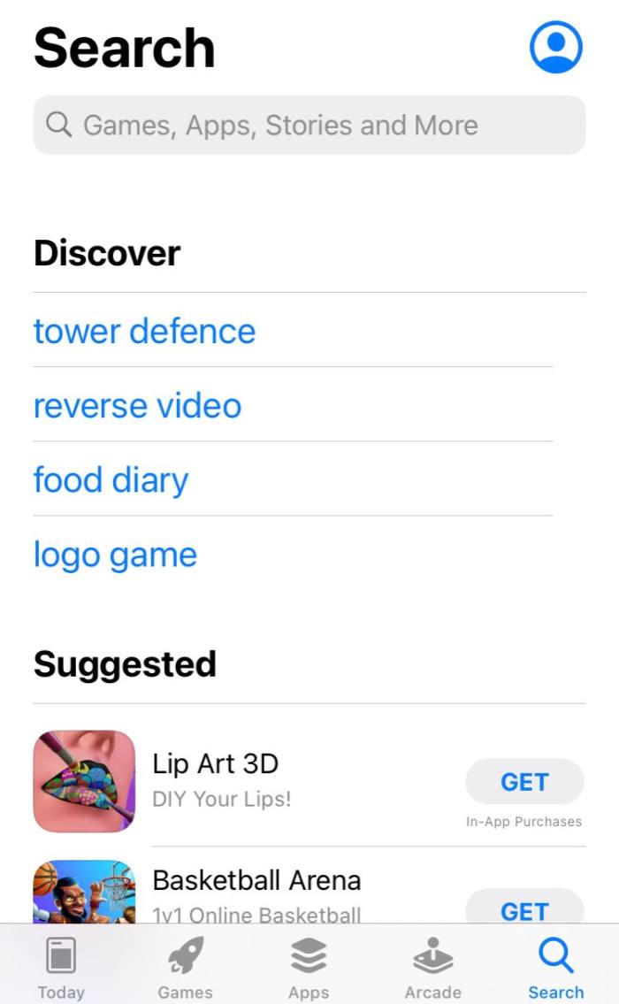 The search page of the iPhone App Store, showing the “Suggested” sectoin