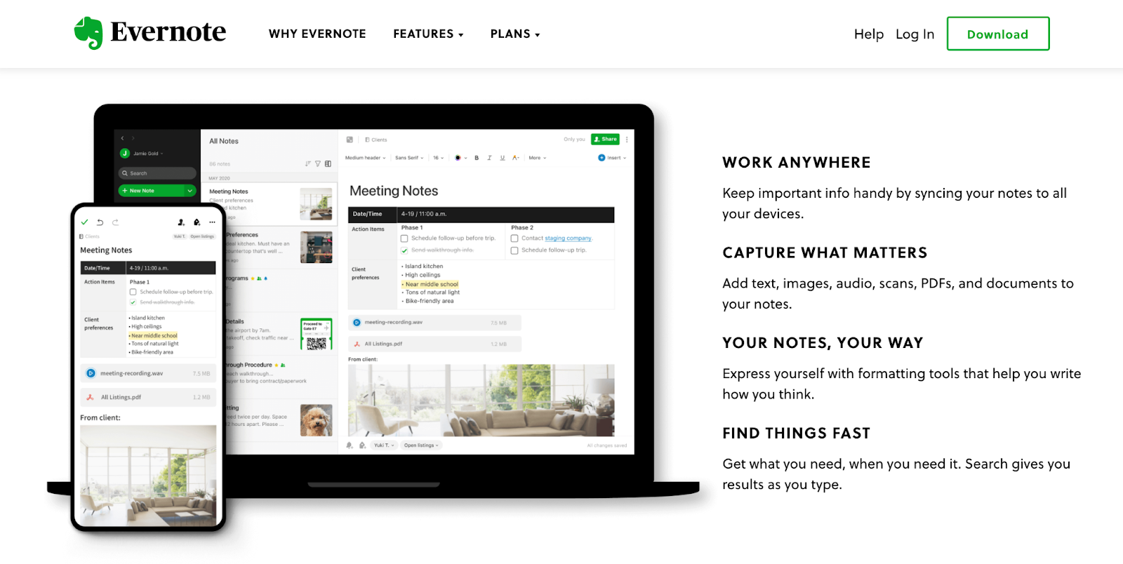 Evernote website homepage benefits