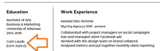 marketing resume education section with gpa listed