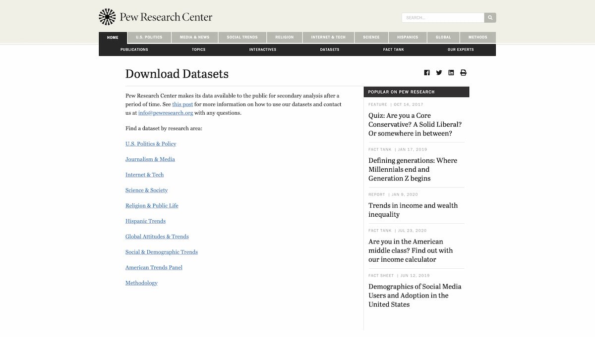 Pew Research Center data sets for market research