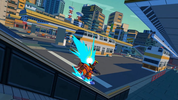 Bomb Rush Cyberfunk screenshot of a character rail grinding.