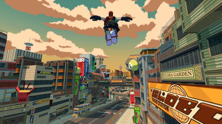 Bomb Rush Cyberfunk screenshot of a character leaping through the city.