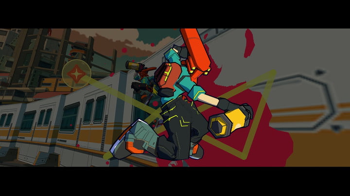 Bomb Rush Cyberfunk screenshot of a character performing a graffiti finishing move.