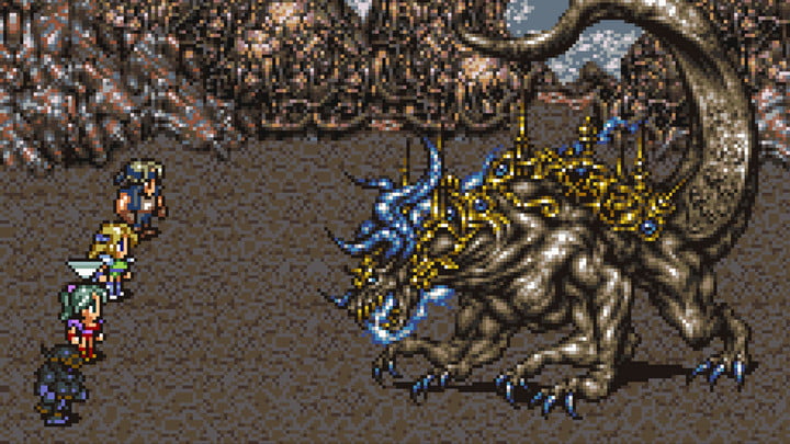 Party fighting enemy in Final Fantasy VI.