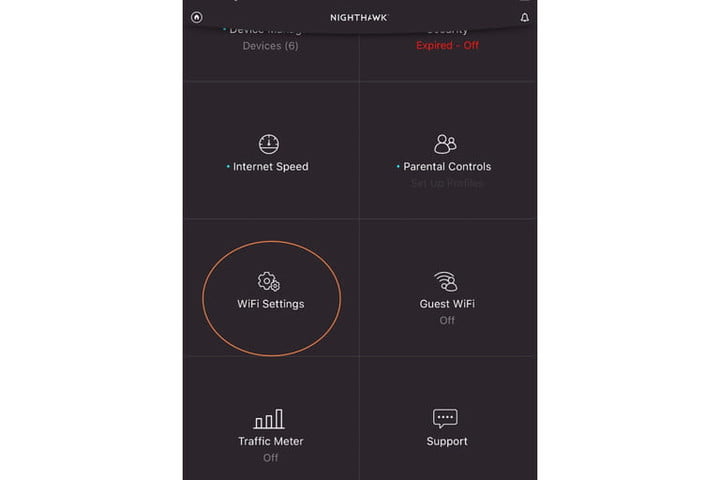 The Nighthawk app showing Wi-Fi settings.