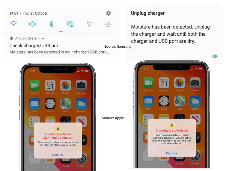 New generation Samsung and Apple phones have a moisture/liquid alert notification. Samsung/Apple