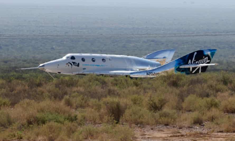 Virgin Galactic’s passenger rocket plane VSS Unity lands after reaching the edge of space above Spaceport America.