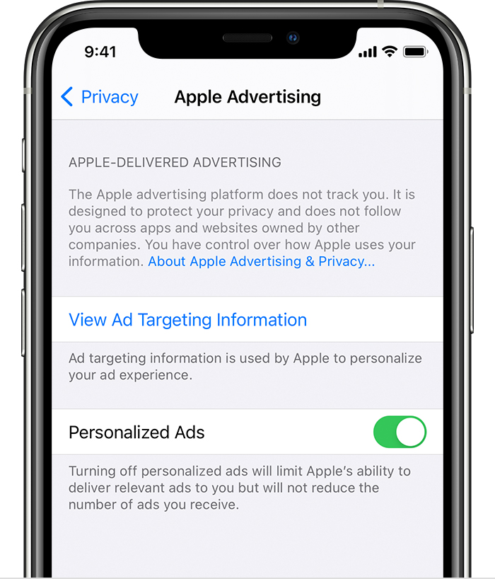 iPhone showing options in Apple Advertising including options for View Ad Targeting Information and Personalized Ads