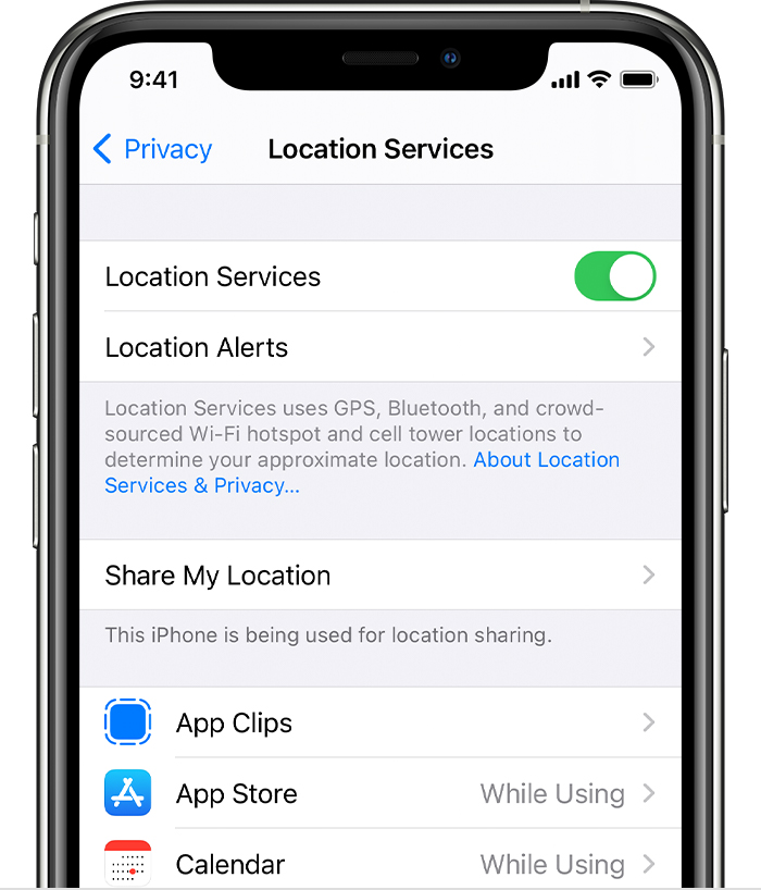 iPhone showing options in Location Services including options for Location Alerts and app-specific settings